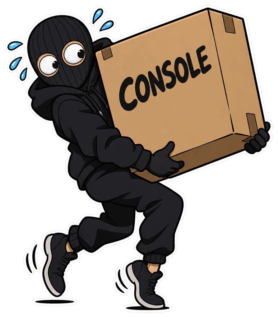Masked cartoon goon tiptoeing away with a console box