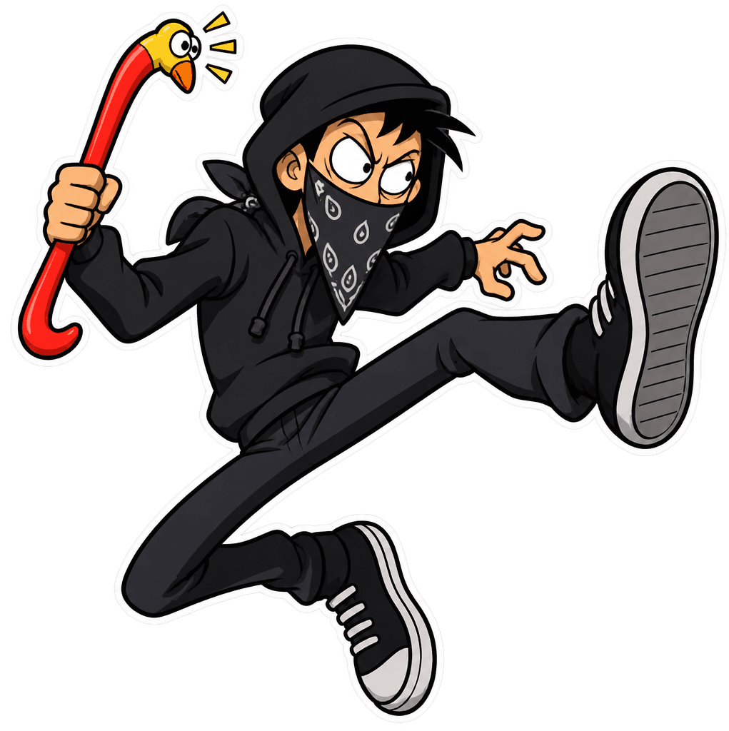 Cartoon goon flying-kicking from behind with a squeaky rubber crowbar