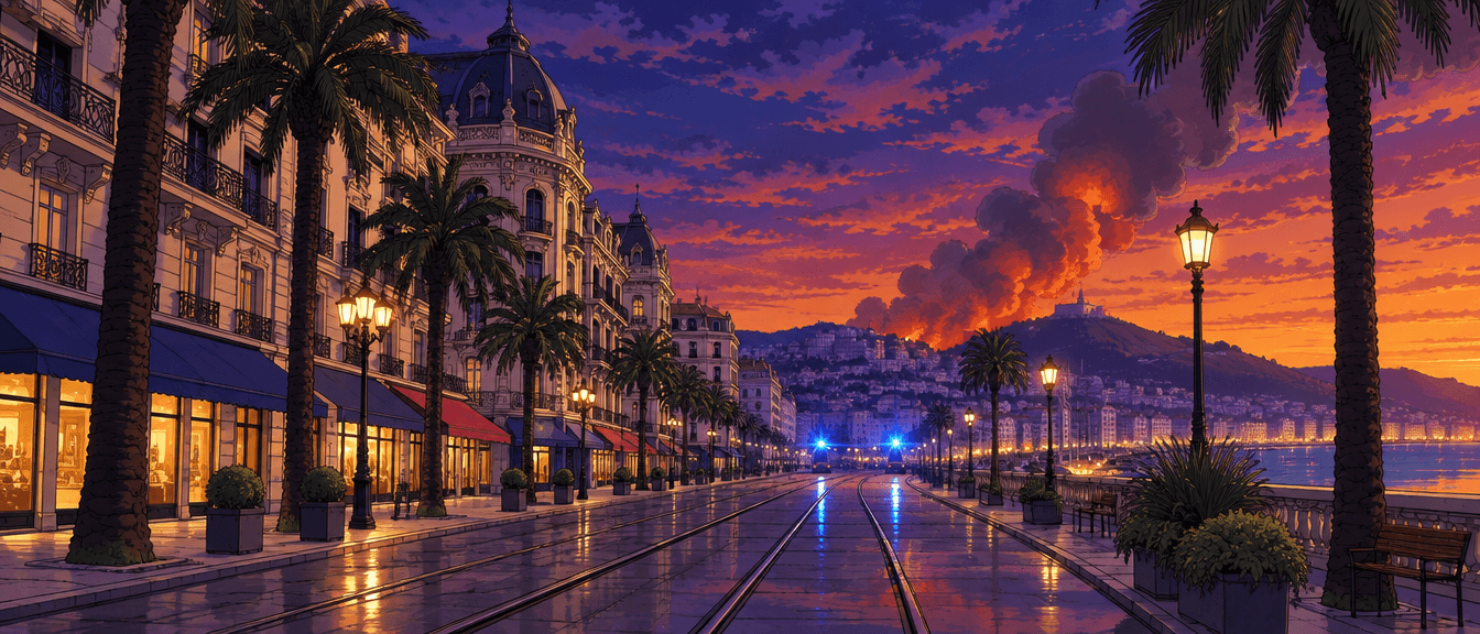 Anime-style Nice shopping avenue at dusk with smoke in the distance